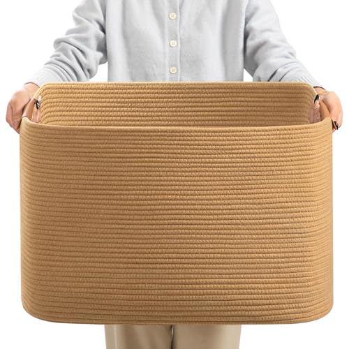 Large Blanket Basket for Living Room, 72 L Woven Cotton Rope Baskets for Kids Toy, Pillows, Towels, Cotton Organizing with leather handle, Storage Bin for Nursery, 22’’*17’’*11.8’’ Jute - color: Jute, size: 72L