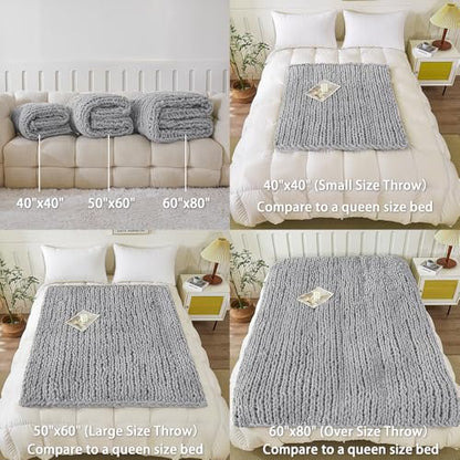 WESHIONGOO Chunky Knit Blanket Throw for Couch 40"×40" Light Grey | 100% Handmade Knitted Throw blankets Fluffy Soft Blanket With Jumbo Chenille Yarn Thick - color: Light Grey, size: 40"x40"(Small Size Throw)