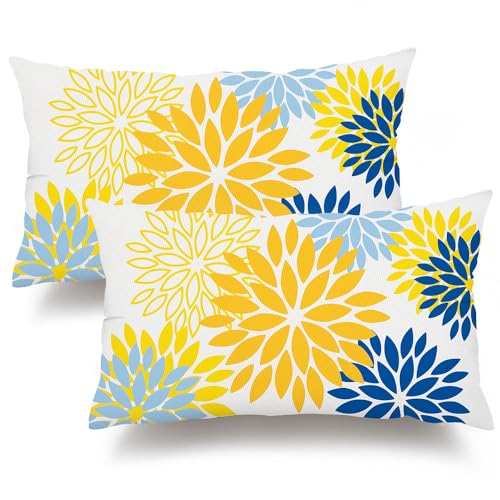 DFXSZ Outdoor Waterproof Pillow Covers 12x20 Set of 2 Yellow Blue Flower | Spring Summer Waterproof Flower Throw Pillowcases（No Inserts）Outdoor Decor for Patio Funiture Garden Polyester Covers - color: Yellow Blue, size: 20" x 12" (Pack of 2)