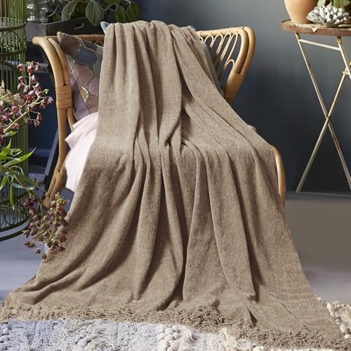 Chenille Throw Blanket for Couch 60" x 80" Twin, Taupe | Soft Cozy Warm Throws with Fringe Tassel, for Living Room Bed Sofa Chair Cover, Lightweight Knitted Decorative Boho Blankets - color: Taupe, size: 60x80 inch