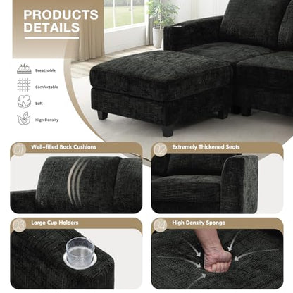 87" Chenille 3 Seater Couch with Soft Ottoman, Black | L-Shape Sectional Sofa with Durable Cup Holders, Upholstered Sofa with Comfy Backrests for Living Room, House - color: Black, size: 87" L-Shape