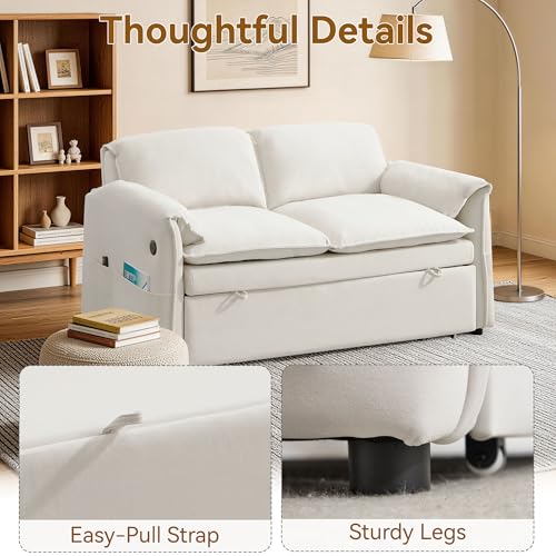 63" 3-in-1 Velvet Convertible Sleeper Sofa Bed, Modern Adjustable Backrest Loveseat Pull Out Couch with USB & Side Pocket, Small Space Love Seat Sofa Bed for Living Room, Bedroom, Beige Velvet - color: Beige