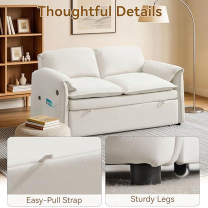 63" 3-in-1 Velvet Convertible Sleeper Sofa Bed, Modern Adjustable Backrest Loveseat Pull Out Couch with USB & Side Pocket, Small Space Love Seat Sofa Bed for Living Room, Bedroom, Beige Velvet - color: Beige