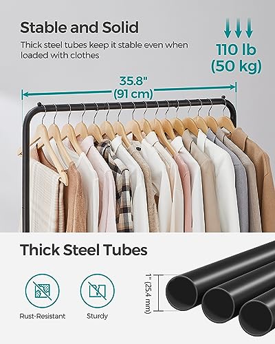 SONGMICS Clothes Rack with Wheels, Double-Rod Clothing Rack for Hanging Clothes, 25.4mm Metal Garment Rack with Dense Mesh Storage Shelf, 110 lb Load Capacity, 2 Brakes, Black UHSR027B01 - color: Black, style: Middle Rod