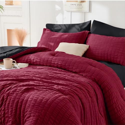 HYMOKEGE Dark Red/Black Twin Size Duvet Cover, Ultra Soft 2-Piece Seersucker Duvet Cover Set with Zipper Closure, Soft Brushed Microfiber Bedding Set with 8 Corner Ties (68"x90", 1 Pillowshams) - color: 03 - Red / Black (No Comforter), size: Twin(68"×90")