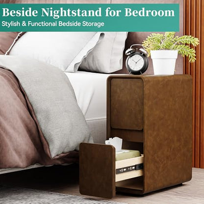 7.8" W Leather Narrow Nightstand Set of 2, Modern Fully-Assembled Bedside Table with 2 Drawers, White Night Stand Small Accent End Table & Side Table for Bedroom, Brown - color: Brown Set of 2, size: 8in