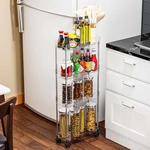 Clear 4 Tier Slim Rolling Storage Cart with Wheels,6.3″W Thin Shelf,Bathroom Storage Cabinet,Skinny Laundry Cart,Narrow Laundry Room Cart Between Washer and Dryer,Skinny Shelves for Small Space - style: 4 Tier