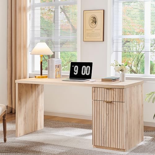 60" Modern Executive Desk with Storage, Wood Home Office Desk with Drawer & Cabinet, Fluted Computer Writing Desk for Study, Living Room, Bedroom, Oak - color: Oak, size: 22"D x 60"W x 30H"
