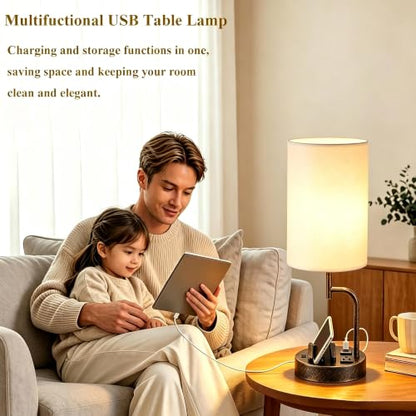 Dreamholder 2 Pack Table Lamp, Bedside Lamp with 3 USB Charging Ports & AC Outlet, USB Desk Lamp with 2 Phone Holders, Linen Fabric Shade Nightstand Lamps for Bedroom Living Room Office, Antique Brass - color: Antique Brass