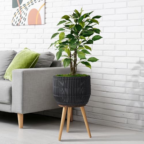 Casafield Indoor Planter with Stand, Black Floor Planter with Wood Legs, Large Plant Pot Cover with Liner for Houseplants, Flower Pots and Trees - color: Black With Natural Legs