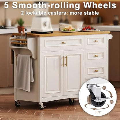 52" Kitchen Island with Storage, Wheels & Drop Leaf, Adjustable Shelf | Oak Top, White Retro Kitchen Cart on Casters, 2 Cabinets, 5 Drawers, Spice Rack, Towel Bar, Durable, Easy Assembly - color: White