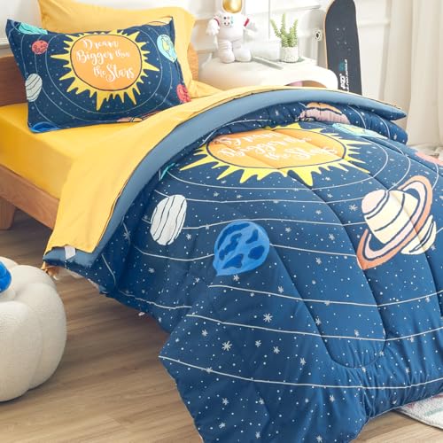 SLEEP ZONE 5 Pieces Bedding Super Soft Comforther Set, Soft Lightweight Bed in a Bag, Durable Children Bed Set, Easy Care, All Season (Solar System, Twin) - color: Solar System, size: Twin (5-Piece Set)