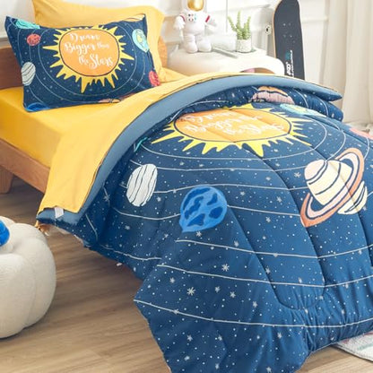 SLEEP ZONE 5 Pieces Bedding Super Soft Comforther Set, Soft Lightweight Bed in a Bag, Durable Children Bed Set, Easy Care, All Season (Solar System, Twin) - color: Solar System, size: Twin (5-Piece Set)