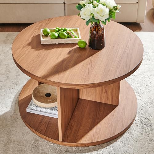 32" Modern Round Coffee Table, for Living Room, Dark Grain | Wood Circle Center Table, 4 Open Storage Cubbies, Cross Support Structure, Small Cocktail Table for Apartment - color: Dark Grain