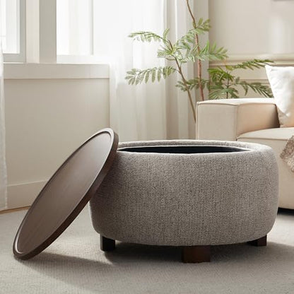 VKNOW 30" Round Storage Ottoman, Ottoman Coffee Table with Removable Wood Top and Solid Wood Legs for Living Room, Bedroom, Apartments(Brown) - color: Brown