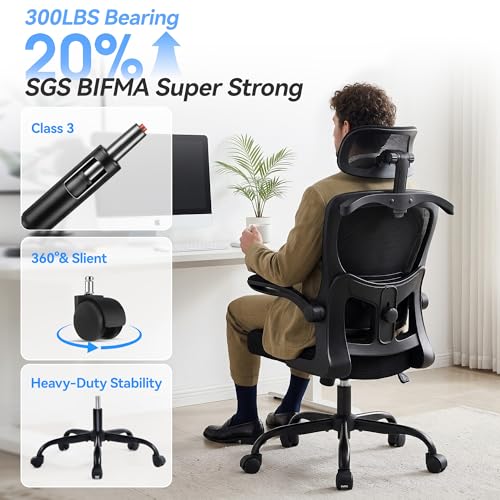 Office Chair-Ergonomic Desk Chair with Hidden Hanger & Flip-Up Arms, High Back Mesh Computer Chair with 2D Headrest & Adjustable Lumbar, Comfy Rolling Task Chair for Home Work Gaming, Black - color: Black