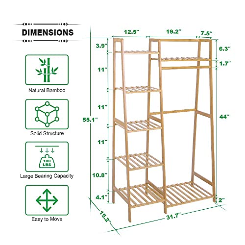 Ufine Bamboo Garment Rack with 7-Tier Storage Shelves & Hanging Rod | Portable Clothes Hanging Rack Minimalism Wardrobe Closet Organizer for Living Room - size: 7 Tier