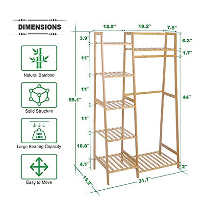 Ufine Bamboo Garment Rack with 7-Tier Storage Shelves & Hanging Rod | Portable Clothes Hanging Rack Minimalism Wardrobe Closet Organizer for Living Room - size: 7 Tier