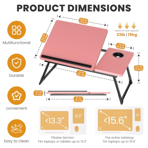 Laptop Bed Desk, 5-Angle Adjustable Bed Laptop Table with Cup Holder | Foldable Laptop Stand for Couch & Sofa, Portable Laptop Tray for Adults Writing Reading Eating, Pink - color: Pink