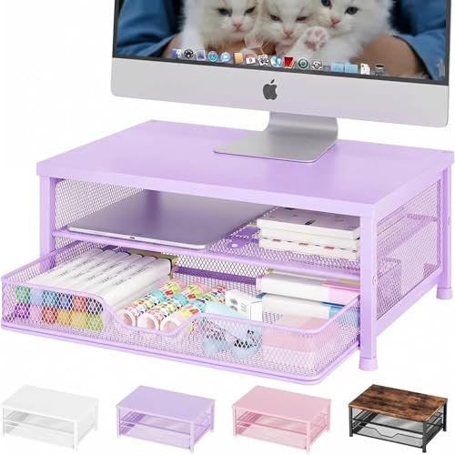 Computer Monitor Stand Riser, Desk Organizer with Drawer, Printer & Laptop Stand, Office Desk Accessories & Workspace Desktop Organizers Storage for Office Supplies(Purple) - color: Purple