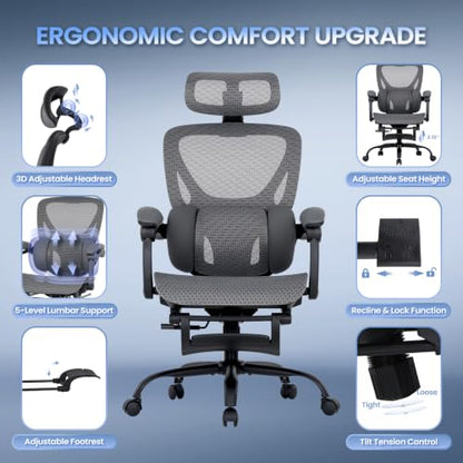 MALOL Ergonomic Mesh Office Chair with Footrest, Executive High Back Computer Desk Chair with 3D Adjustable Headrest & 5-Level Lumbar Support, Track Armrest, Tilt Lock, 300LBS, Grey - color: Grey