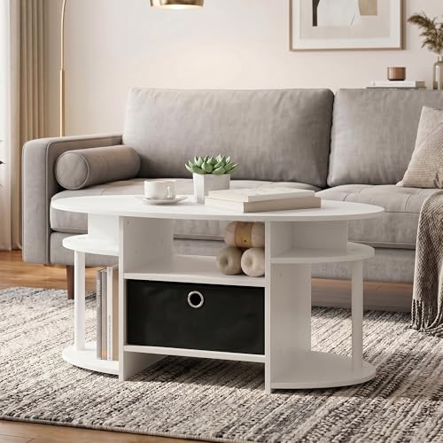 Oval Modern Coffee Table with Side Shelves and Storage Bin, Side Table with Shelf, Coffee Table, for Bedroom, Living Room, Home Office, White - color: White/White/Black