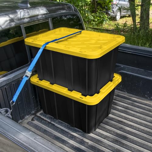 27 Gallon Plastic Storage Container with Snap-On Lid, Heavy-Duty Industrial Tote, Black and Yellow, 28.5x19.6x15.5 Inches, 6 Pack (6, Black/Yellow)