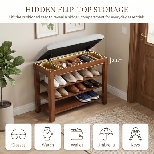Solid Wood Shoe Rack Bench with Storage, Flip-Top Soft-Close Lid, 23.6" | 550 lbs Max Load, Flip-Top Soft-Close Lid, Adjustable Shelves, Cushioned Entryway Shoe Rack Organizer, Tool-free Assembly - size: 23.6"