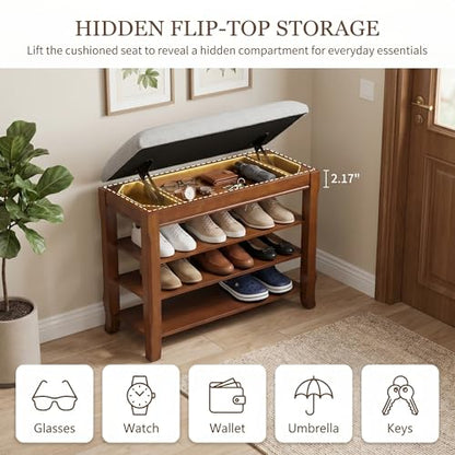 Solid Wood Shoe Rack Bench with Storage, Flip-Top Soft-Close Lid, 23.6" | 550 lbs Max Load, Flip-Top Soft-Close Lid, Adjustable Shelves, Cushioned Entryway Shoe Rack Organizer, Tool-free Assembly - size: 23.6"