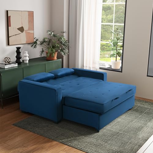 Serta Ainsley 66.5" Convertible Sleeper Loveseat, Full Size, Dreamcoil Comfort, Soft Velvet Fabric, Navy - color: Navy Blue, size: Full Loveseat