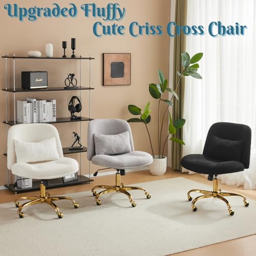 VINGLI Wide Criss Cross Legged Office Chair,Buttprint Ergonomic Desk Chair Comfy with Pillow&Gold Base,Dual-Use with/no Wheels,Adjustable Vanity Swivel Chair for Bedroom,Home Office,Teddy Fleece,White - color: Cherished White