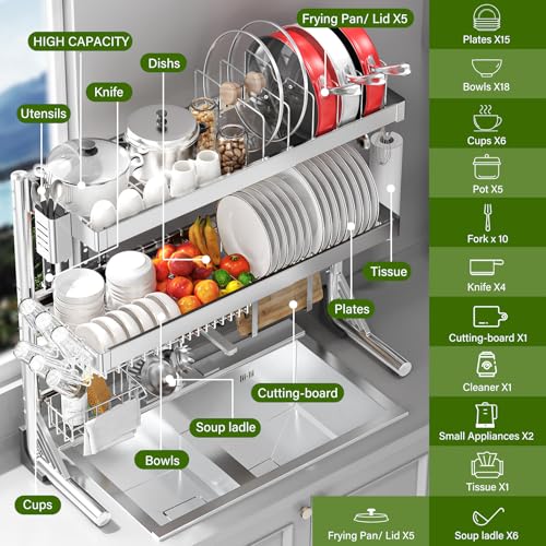 Over The Sink Dish Drainer Drying Rack 3 Tier, Full Stainless Steel Dish Drying Rack Adjustable Length 20.9''-37.4'' , Kitchen Sink Shelf, Organized Space-Saving Dish Rack with Pots and Pans Rack - color: Silver, size: 3 Tier with Pots and Pans Rack