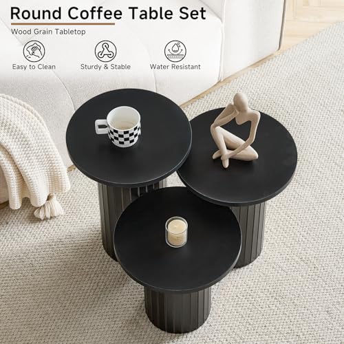 Round Nesting Coffee Table Set of 3 Mid Century Modern Wood Round Coffee Tables with Flexible Small Boho Circle End Table for Space Saving Living Room Comedor Home Office Bedroom(Black) - color: 3pcs Black
