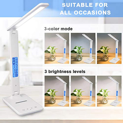 LED Desk Lamp with Wireless Charger, Suitable for Home, Office Dimmable, with USB Charging Port, Built-in Clock, Calendar, Thermometer and Automatic Timing Reading Desk Lamp. - color: White