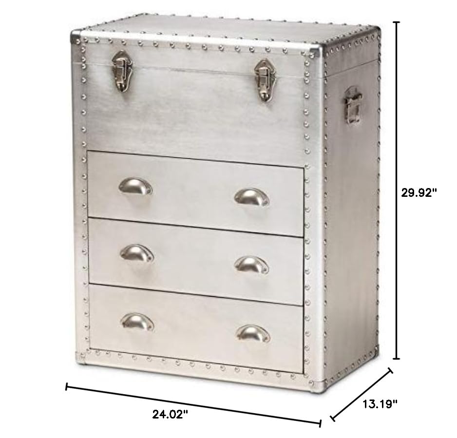 BOWERY HILL 3-Drawer Mid-Century Metal Accent Storage Chest, Silver Finish, Wood and Metal Construction, Vintage-Inspired Rivet Details, Lift-Top Compartment, Bedroom, Living Room, or Entryway Use