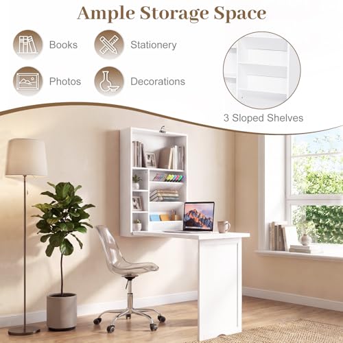 Casart Multi-Function Computer Desk, Wall Mounted Fold Out Table | Convertible Writing Workstation with Built-in Storage Shelves; Space Saving Furniture for Home Salon Office Nail Art Station