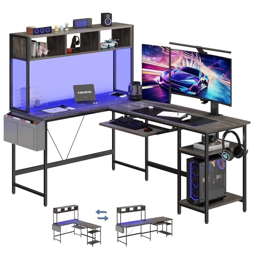 67" L Shaped Desk with LED Lights, Reversible Computer Corner Gaming Desk for Small Spaces, Metal Frame PC Table Keyboard Tray & Storage Shelf for Home Office Bedroom, Grey - color: Grey