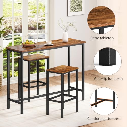 Zevemomo 3 Piece Dining Table Set, 47.2" Bar Table and Chairs Set | Counter Height Bar Table with Stools, Dining Pub for 2, Narrow High Top Pub Table Set for Small Spaces, Kitchen Living Room