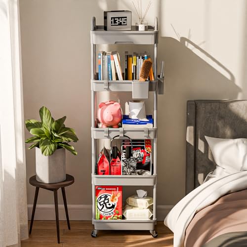 Sorgion 5 Tier Rolling Cart Organizer,Bathroom Cart Organizers with Wheels Laundry Room Organization Mobile Shelving Unit Utility Cart Storage Shelves Multi-Functional for Office, Home(Grey) - size: 5Tier-Grey