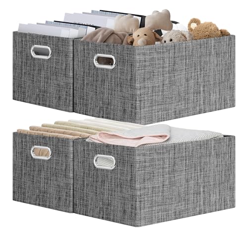 Posprica Closet Storage Bins, 4 Pack Closet Shelf Organizers, Linen Fabric Decorative Storage Baskets for Organizing, Foldable Storage Box for Clothes, 15x10.5x8.25 Inch (Black) - color: Black, size: 15Lx10.5Wx8.25H