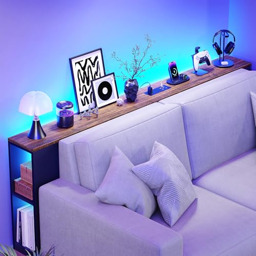 BROTTAR 79" Long Behind Couch Table with LED Lights and Power Outlet, Brown | Industrial Behind Sofa Table with Bookcase & Human Body Sensor, Skinny Console Table with Storage for Living Room