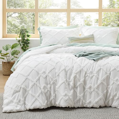 Bedsure Boho Comforter Set Twin - White Tufted Twin Size Comforter, 2 Pieces Farmhouse-Style Embroidery Bed Set, Soft Fluffy Geometric Pattern Bedding for All Seasons - color: 02 - White - Diamond Like, size: Twin/Twin XL