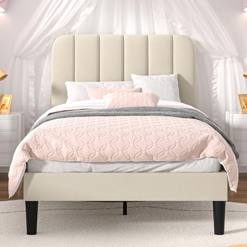 VECELO Twin Size Bed Frame with Upholstered Headboard, Velvet Platform Bedframe Mattress Foundation, Strong Wood Slat Support, No Box Spring Needed,Bone Beige - color: Bone Beige, size: Twin, style: Bed Frame