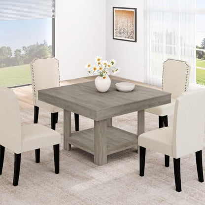GarveeHome Square Dining Room Table for 4-6 People, Heavy Duty 350Lbs Kitchen Table with 2-Tier Storage, Waterproof Wooden Dinner Table with Sturdy Triangle Legs, Grey. - color: Grey