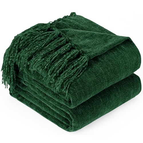 Chenille Throw Blanket for Couch - Soft Knit Blankets 60"X80" | Cozy Warm Lightweight Boho Decorative Knitted Blankets with Tassels for Bed and Sofa,Dark Green - color: Dark Green, size: 60"x80"
