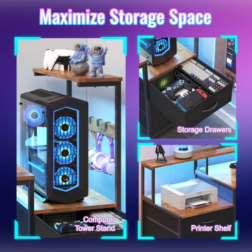 63" Gaming Desk with Drawers, Storage Shelves and Printer Stand | Computer Desk with Monitor Stand and LED Lights, Reversible Home Office Desk with Printer Shelf, Rustic Brown - color: Rustic Brown