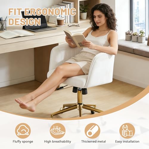 Home Office Desk Chair, Vanity Chair with Back 360 Swivel Armchair and Gold Base, Velvet Criss Cross Chair with Wheels for Vanity Home Office, Living Room, Bedroom and Study (Beige) - color: Beige