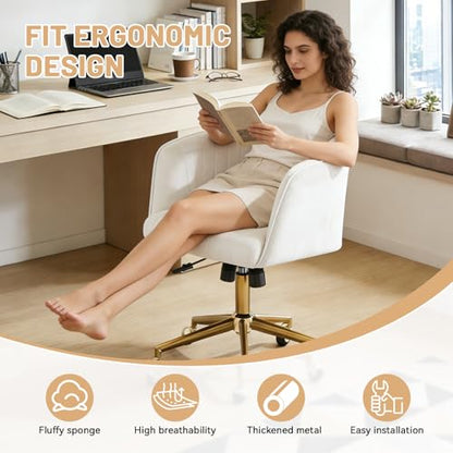 Home Office Desk Chair, Vanity Chair with Back 360 Swivel Armchair and Gold Base, Velvet Criss Cross Chair with Wheels for Vanity Home Office, Living Room, Bedroom and Study (Beige) - color: Beige