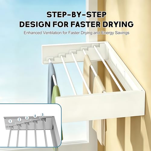 Wall Mounted Clothes Drying Rack 31.5" Wide，Foldable Wall Mount Laundry Rack with 5 Aluminum Rods,Retractable and Foldable Space-Saving Wall Mounted Clothes Drying Rack White