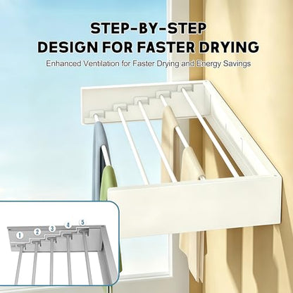 Wall Mounted Clothes Drying Rack 31.5" Wide，Foldable Wall Mount Laundry Rack with 5 Aluminum Rods,Retractable and Foldable Space-Saving Wall Mounted Clothes Drying Rack White